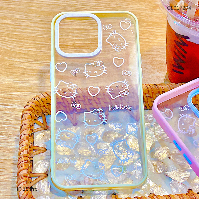 Ốp IP 15 Pro lưng mica Hello Kitty viền màu
