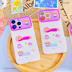 Ốp iPhone 14 Pro Max dẻo chấm bi hồng 3 cún Puppy phối camera