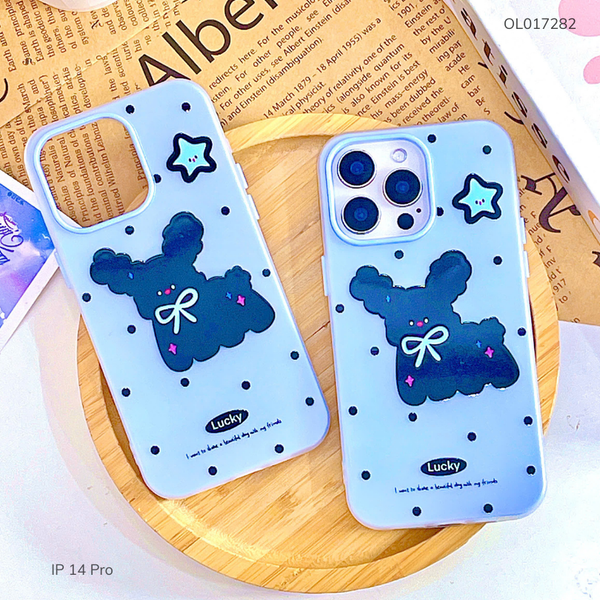 ** Ốp iPhone 14 Pro 2 lớp nền xanh chấm bị cún đen Lucky