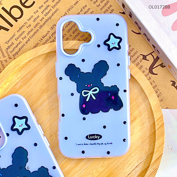 ** Ốp iPhone 16 6.1 2 lớp nền xanh chấm bị cún đen Lucky