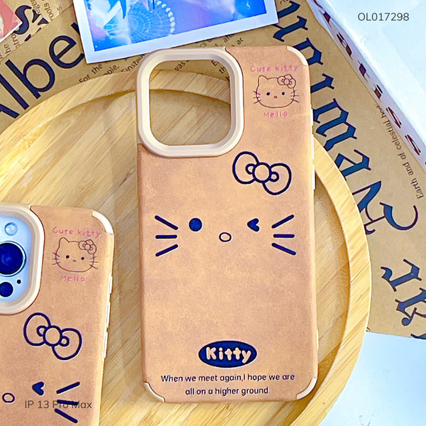 Ốp iPhone 13 Pro Max vân giả da nâu mặt Kitty