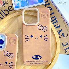 Ốp iPhone 13 Pro Max vân giả da nâu mặt Kitty