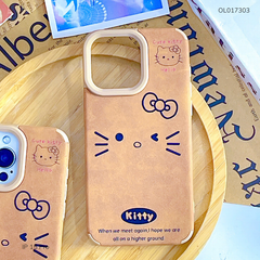 Ốp iPhone 15 Pro vân giả da nâu mặt Kitty