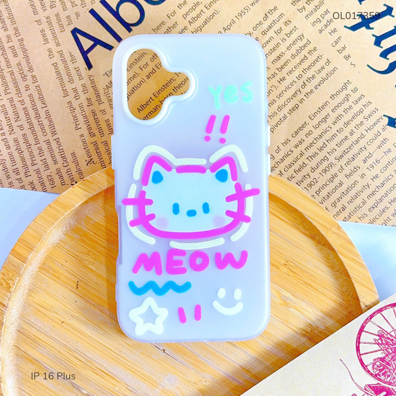 Ốp IP 16 Plus 2 lớp mặt thú nét đứt Hello/Meow