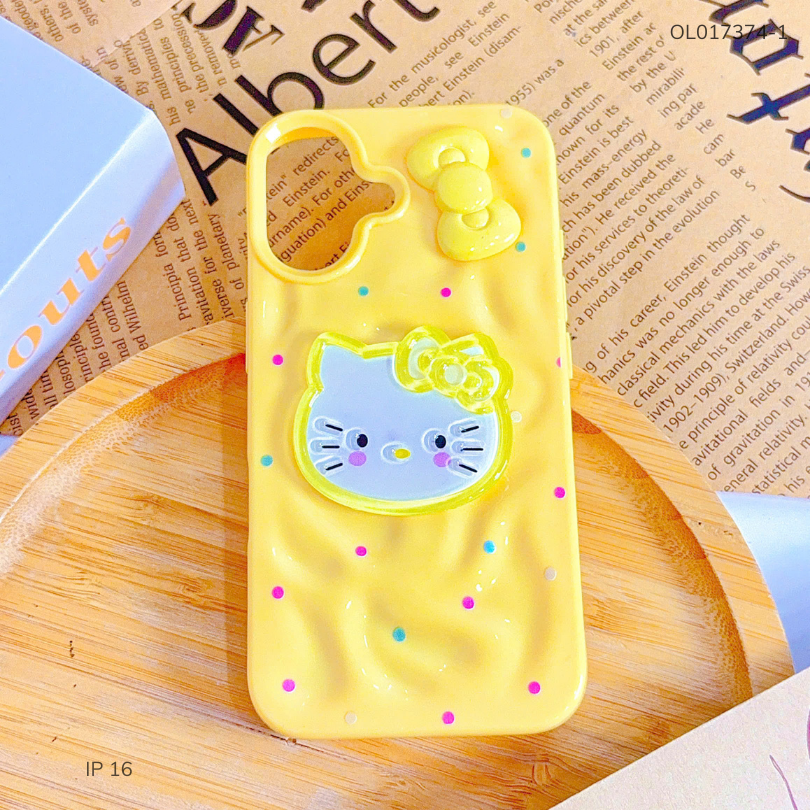 ** Ốp iPhone 16 6.1 dẻo gồ ghề đính mặt Kitty và Nơ