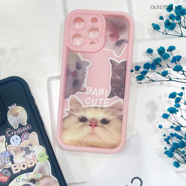Ốp IP 12 Pro Max dẻo hồng camera viền cao 4 mèo baby cute