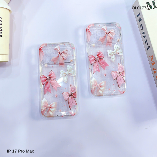 Ốp IP 17 Pro Max dẻo trong in nhiều nơ hồng lớn