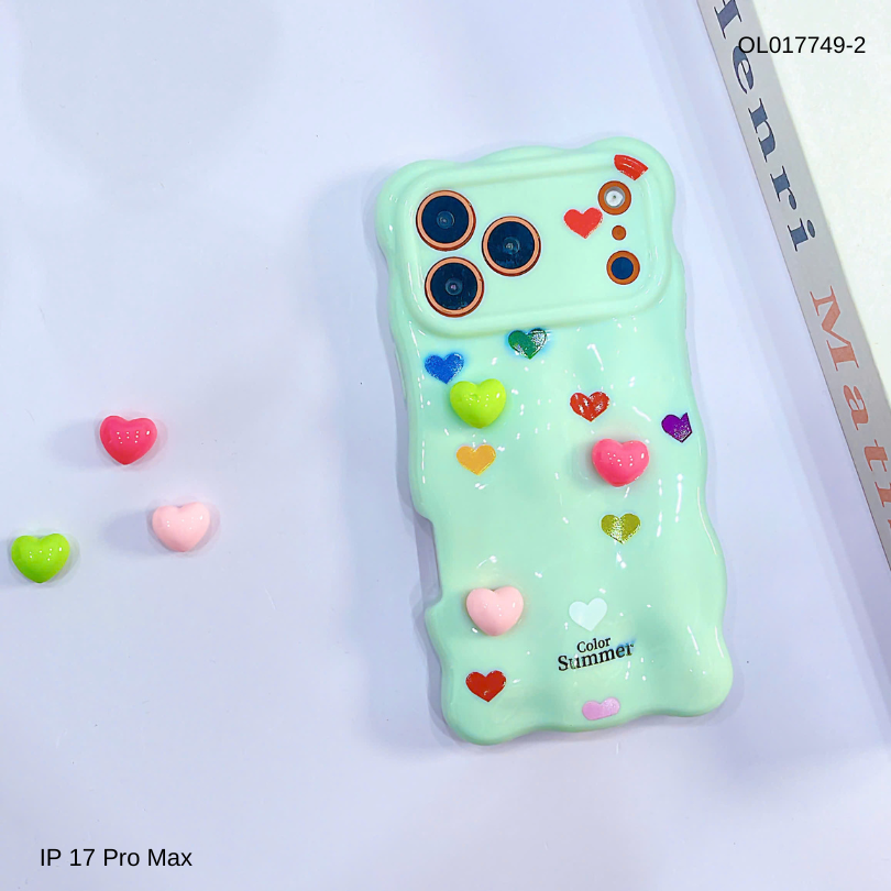 Ốp IP 17 Pro Max vân gồ ghề trái tim Color Summer kèm sticker tim