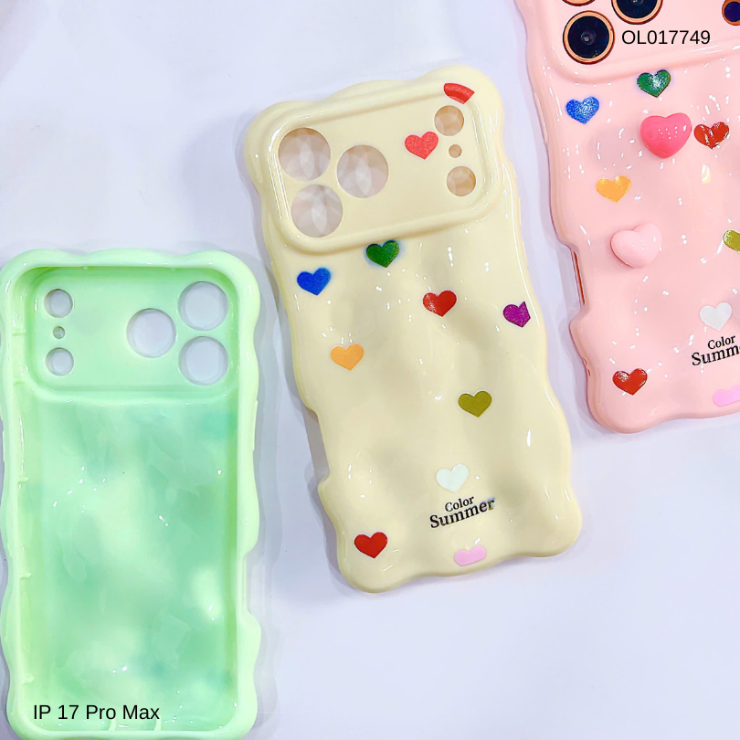 Ốp IP 17 Pro Max vân gồ ghề trái tim Color Summer kèm sticker tim