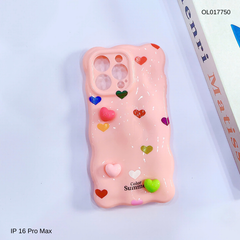 Ốp IP 16 Pro Max vân gồ ghề trái tim Color Summer kèm sticker tim