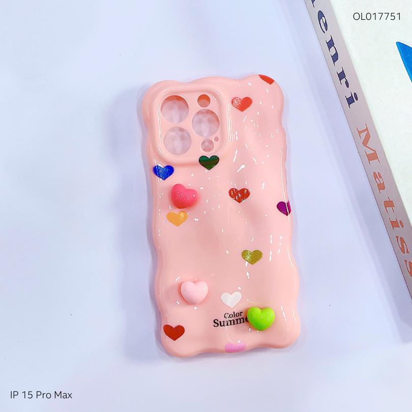 Ốp IP 15 Pro Max vân gồ ghề trái tim Color Summer kèm sticker tim