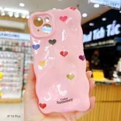 Ốp IP 15 Plus vân gồ ghề trái tim Color Summer kèm sticker tim