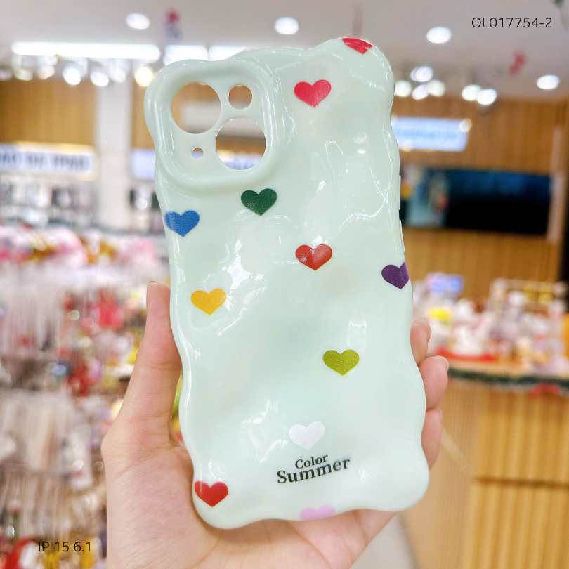 Ốp IP 15 6.1 vân gồ ghề trái tim Color Summer kèm sticker tim