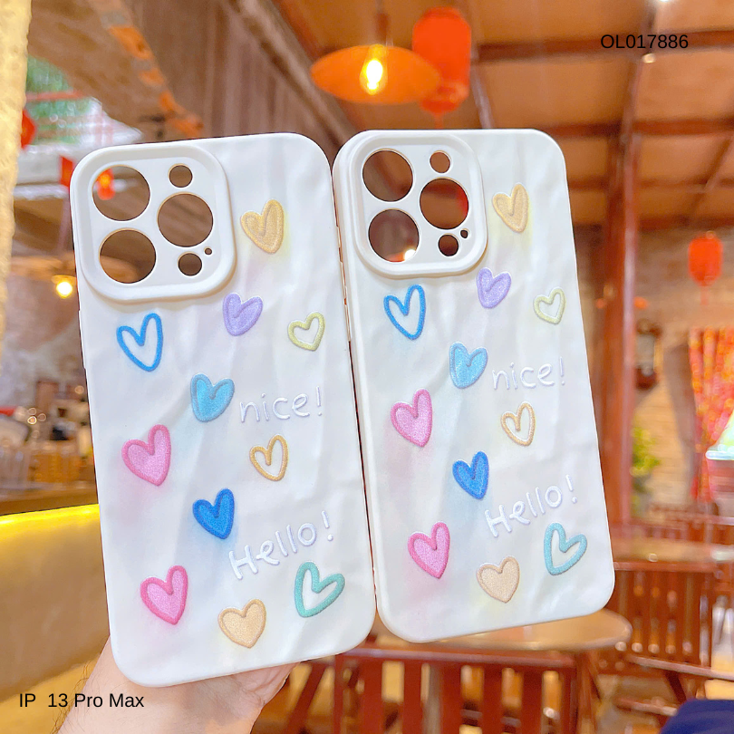 Ốp IP 13 Pro Max dẻo vân giấy nhàu nhiều tim Hello nice