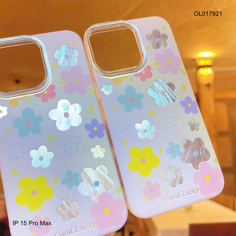 ** Ốp IP 15 Pro Max vân ánh sóng hoa 5 cánh nền hồng Good Lucky