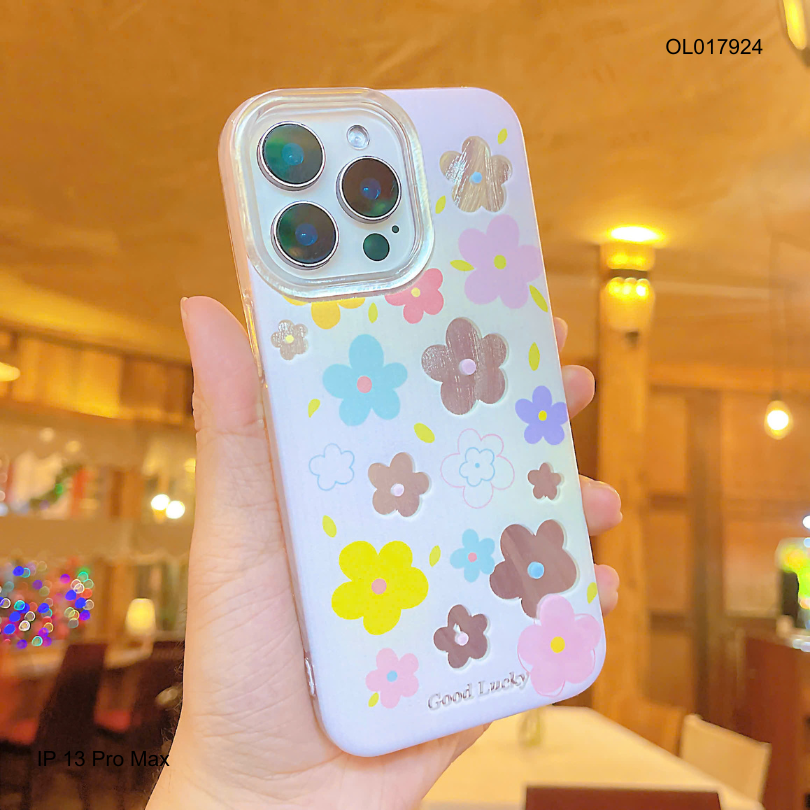 ** Ốp IP 13 Pro Max vân ánh sóng hoa 5 cánh nền hồng Good Lucky