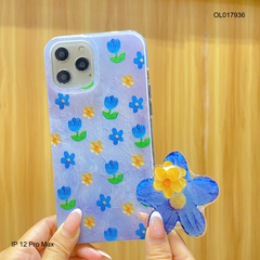 ** Ốp IP 12 Pro Max lưng nhám hoa tulip xanh vàng kèm pop socket