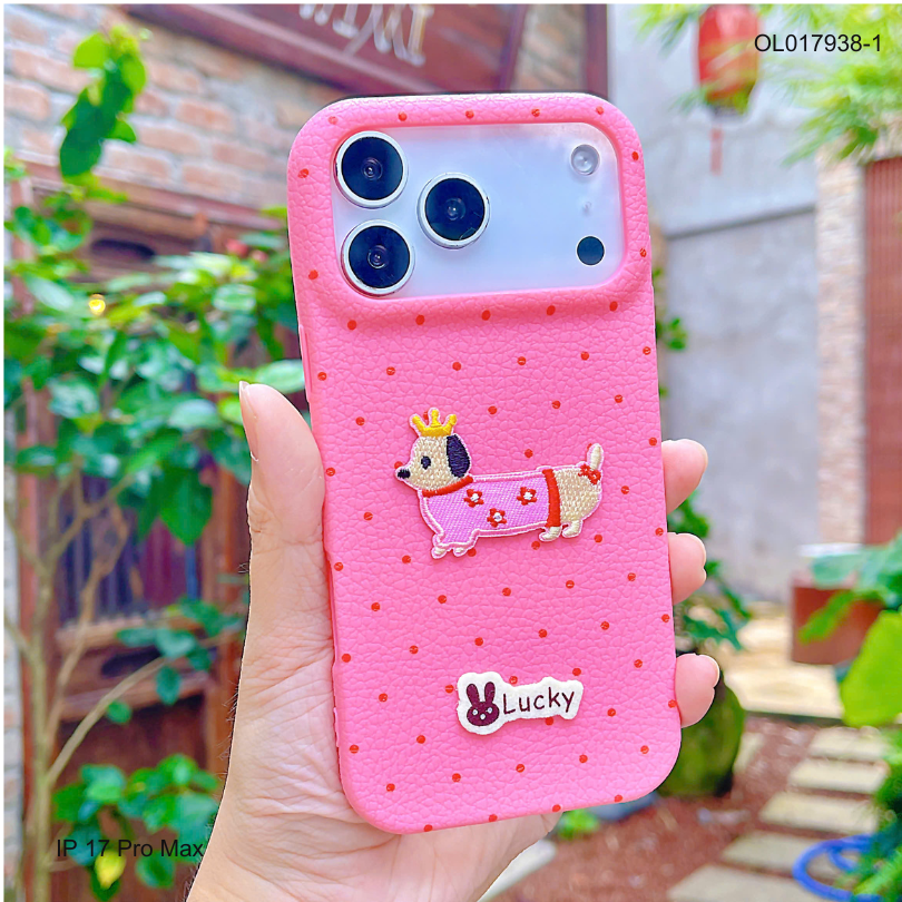 ** Ốp IP 17 Pro Max vân sần chấm bi đính cún thêu