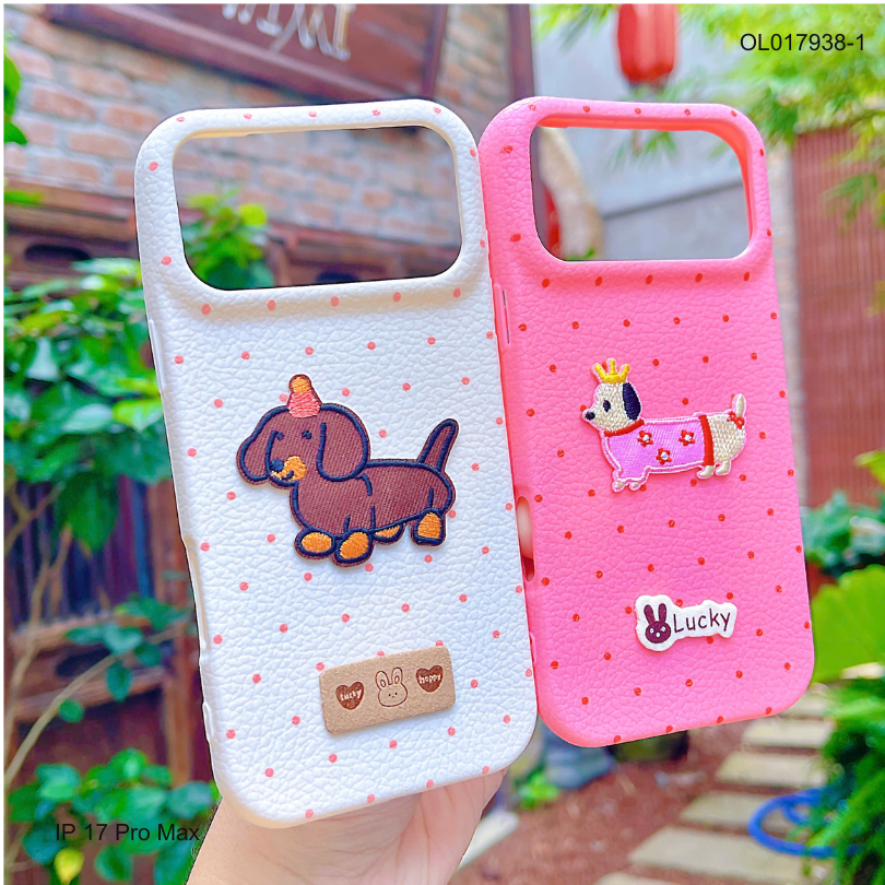 ** Ốp IP 17 Pro Max vân sần chấm bi đính cún thêu