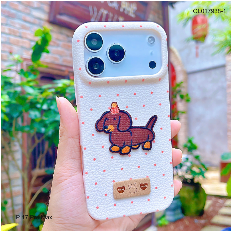 ** Ốp IP 17 Pro Max vân sần chấm bi đính cún thêu