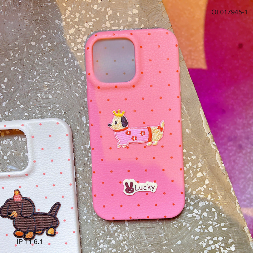 ** Ốp IP 11 6.1 vân sần chấm bi đính cún thêu