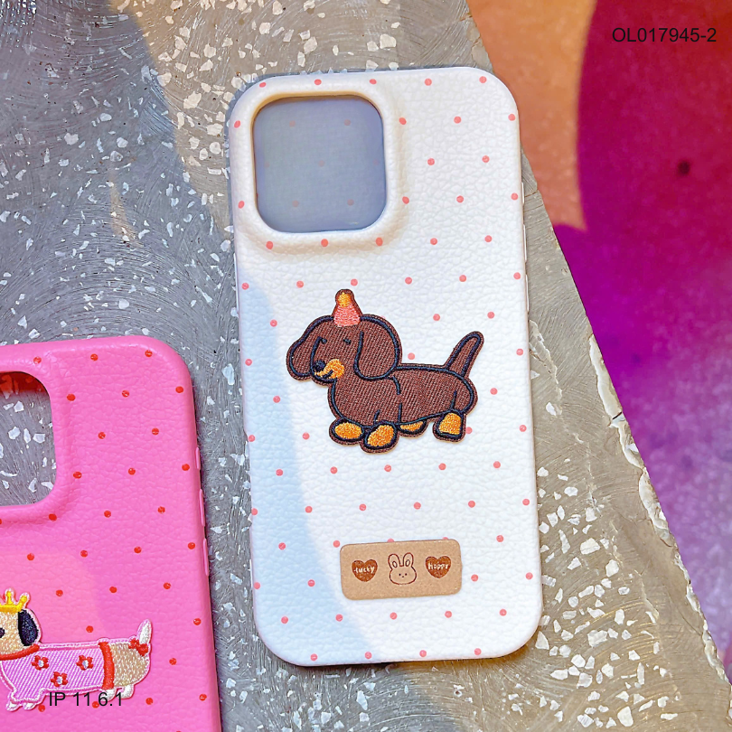 ** Ốp IP 11 6.1 vân sần chấm bi đính cún thêu