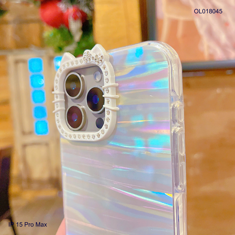** Ốp IP 15 Pro Max lưng thạch anh viền Kitty đính đá
