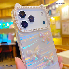 ** Ốp IP 17 Pro Max lưng thạch anh charm nổi viền Kitty đính đá