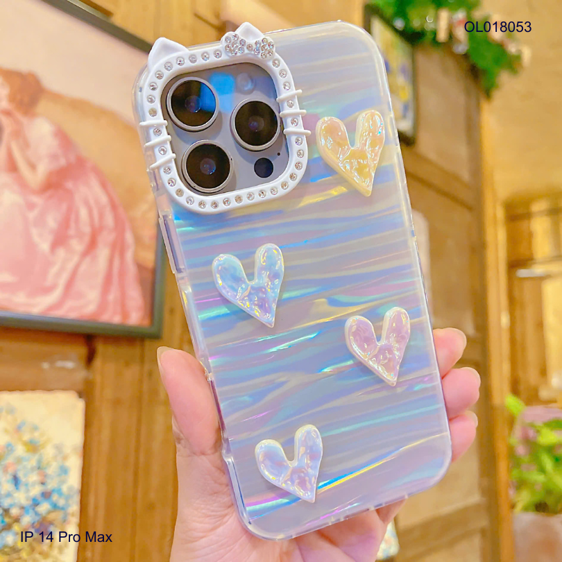 ** Ốp IP 14 Pro Max lưng thạch anh charm nổi viền Kitty đính đá