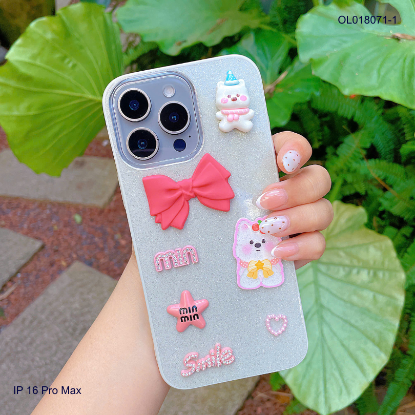 Ốp IP 16 Pro Max lưng nhũ kim tuyến sticker nổi cún nơ hồng