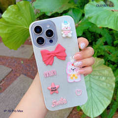 Ốp IP 16 Pro Max lưng nhũ kim tuyến sticker nổi cún nơ hồng