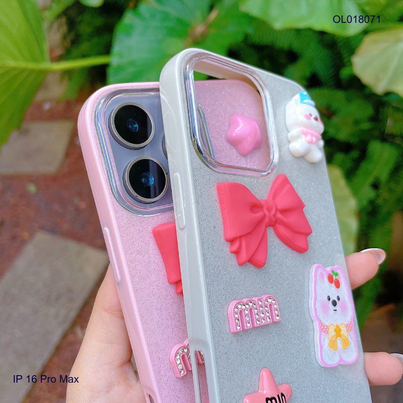 Ốp IP 16 Pro Max lưng nhũ kim tuyến sticker nổi cún nơ hồng