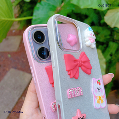 Ốp IP 16 Pro Max lưng nhũ kim tuyến sticker nổi cún nơ hồng