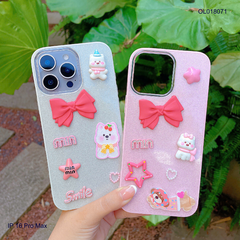 Ốp IP 16 Pro Max lưng nhũ kim tuyến sticker nổi cún nơ hồng