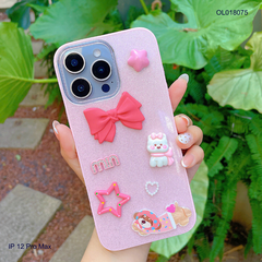 Ốp IP 12 Pro Max lưng nhũ kim tuyến sticker nổi cún nơ hồng