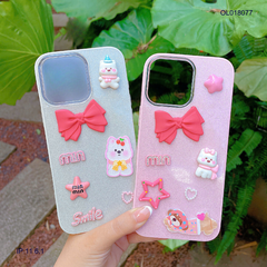 Ốp IP 11 6.1 lưng nhũ kim tuyến sticker nổi cún nơ hồng
