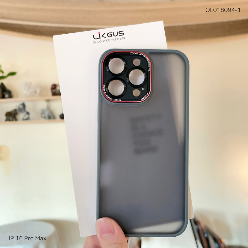 Ốp IP 16 Pro Max Likgus lưng nhám viền camera đỏ