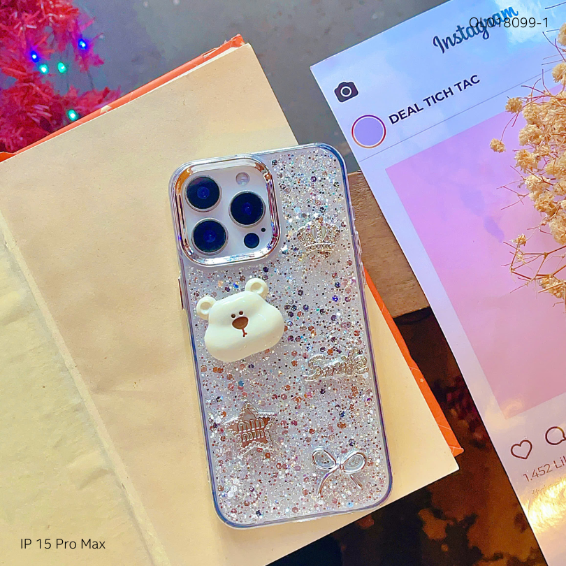 ỐP IP 15 Pro Max nhũ kim tuyến trắng sticker nổi