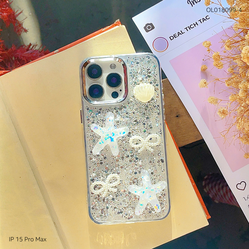 ỐP IP 15 Pro Max nhũ kim tuyến trắng sticker nổi