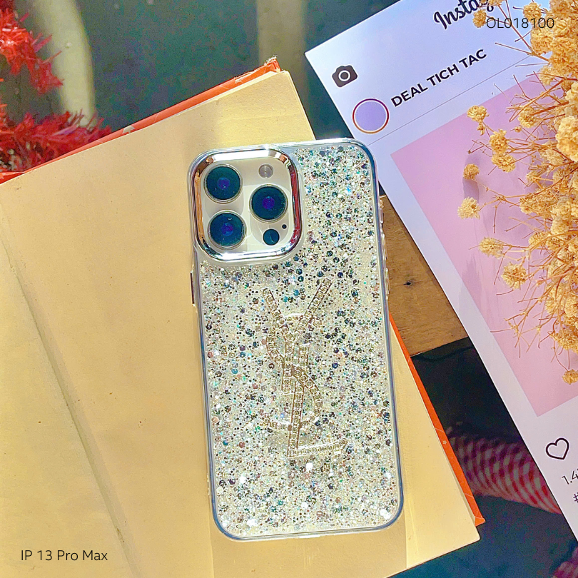 ỐP IP 13 Pro Max nhũ kim tuyến trắng sticker nổi