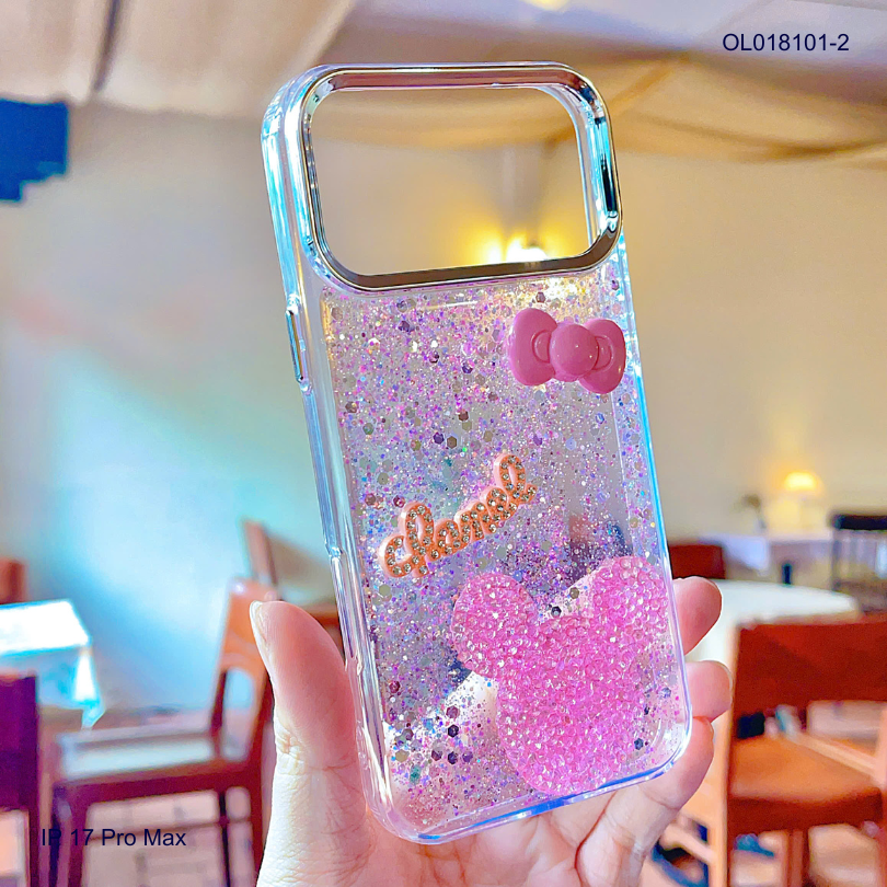 ỐP IP 17 Pro Max nhũ kim tuyến hồng sticker nổi