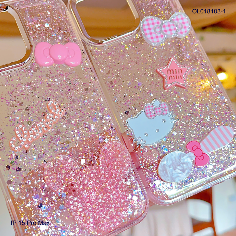 ỐP IP 15 Pro Max nhũ kim tuyến hồng sticker nổi