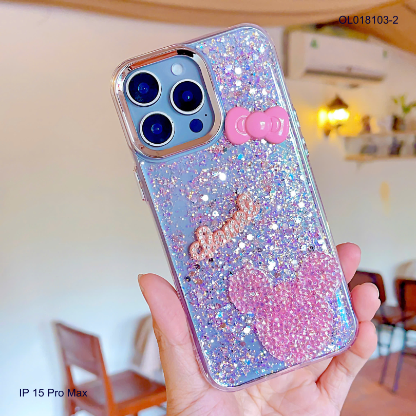 ỐP IP 15 Pro Max nhũ kim tuyến hồng sticker nổi