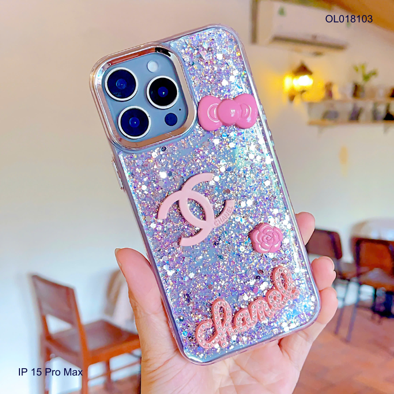 ỐP IP 15 Pro Max nhũ kim tuyến hồng sticker nổi