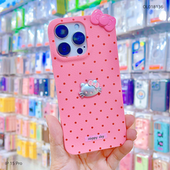 ** Ốp IP 15 Pro vân sần chấm bi sticker nổi Kitty và nơ