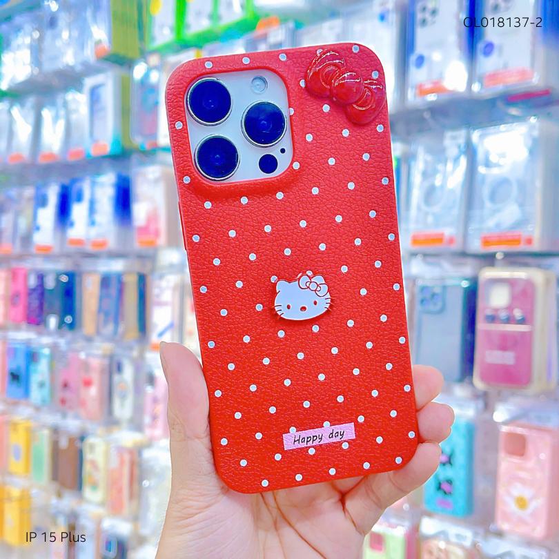 ** Ốp IP 15 Plus vân sần chấm bi sticker nổi Kitty và nơ