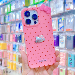 ** Ốp IP 15 6.1 vân sần chấm bi sticker nổi Kitty và nơ
