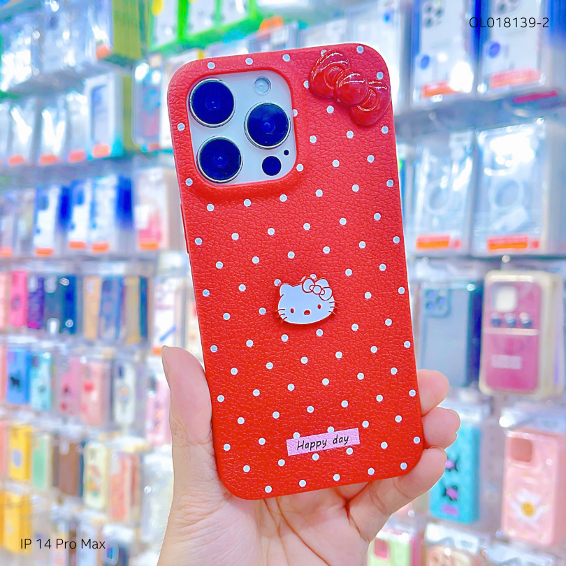 ** Ốp IP 14 Pro Max vân sần chấm bi sticker nổi Kitty và nơ