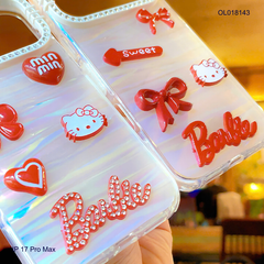 ** Ốp IP 17 Pro Max lưng thạch anh viền Kitty charm đỏ