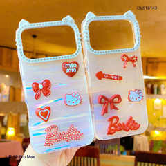 ** Ốp IP 17 Pro Max lưng thạch anh viền Kitty charm đỏ